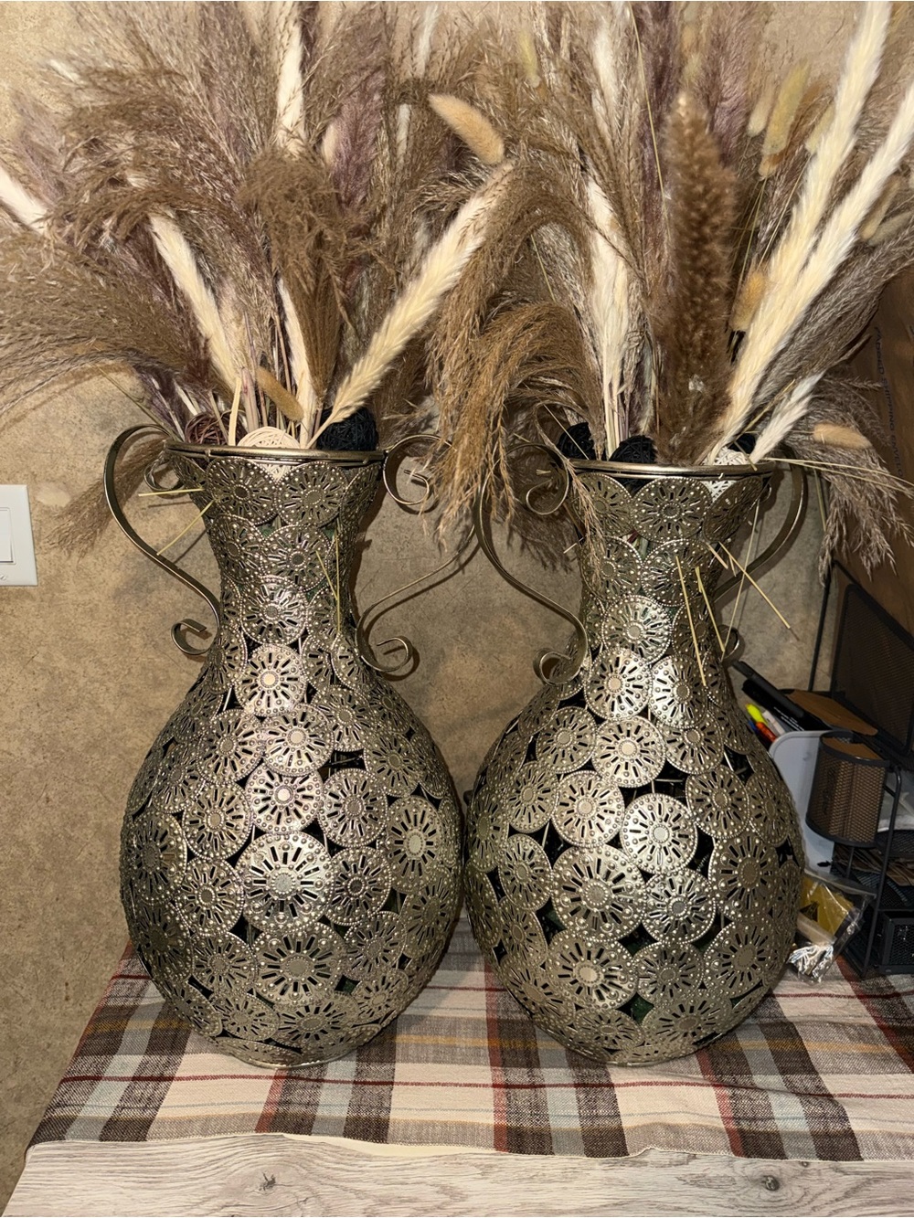 Decorative Metal Filigree Vase Pair in Antique Gold - Home Accents